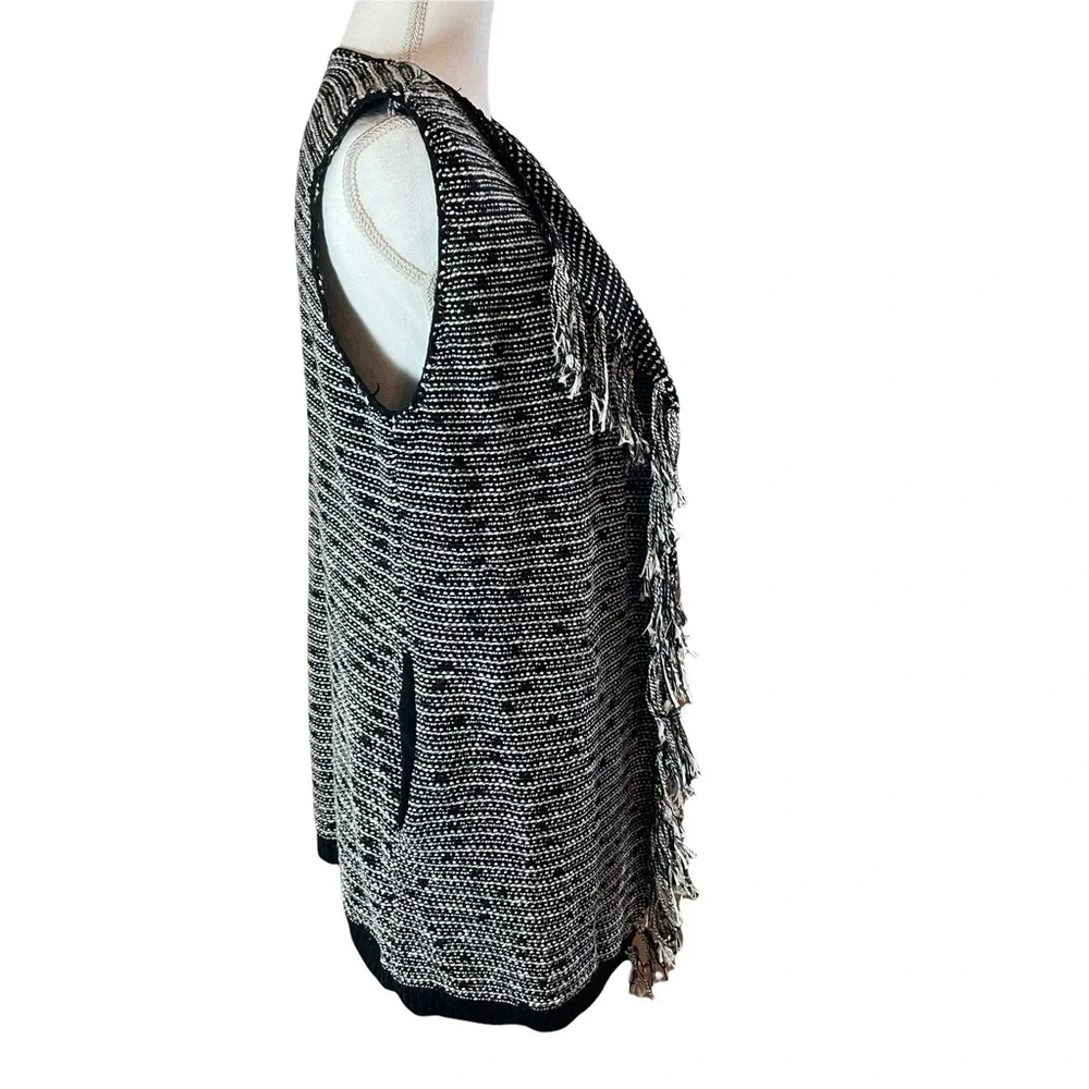Lysse Fringe Long Cardigan Black & White Sweater Duster Vest with Pockets-S/M